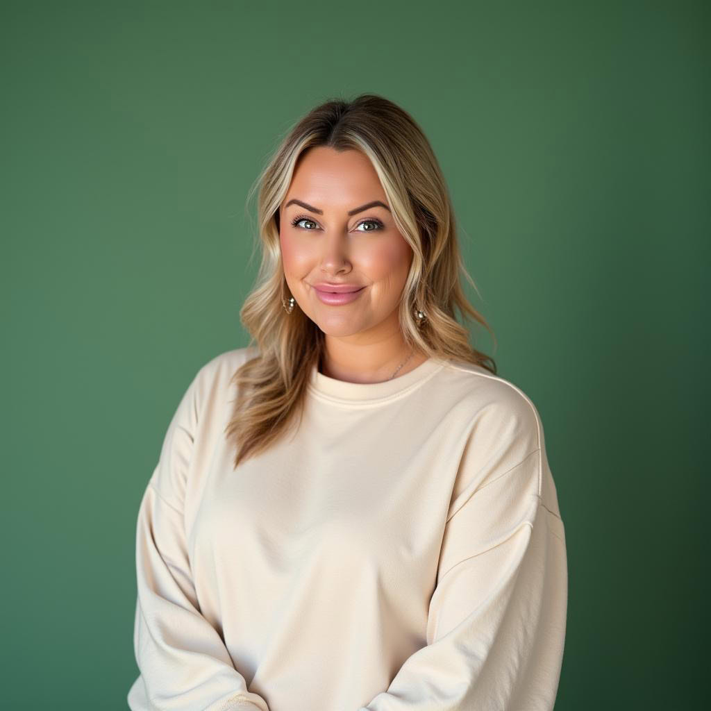 A woman with blonde hair and a beige top smiling against a green background.